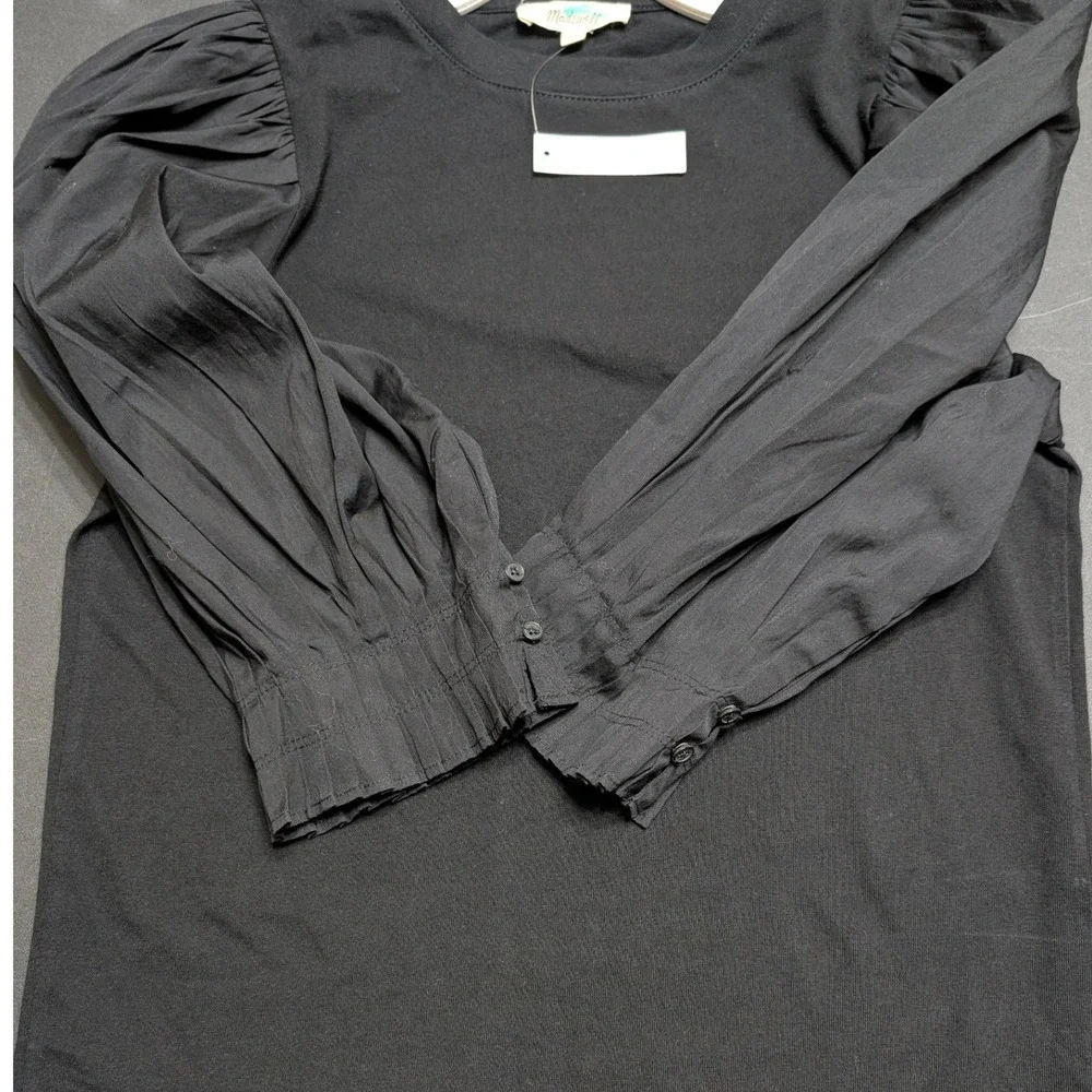 Madewell Black Pleated Puff Cuff Sleeve Mixed Media Cotton Poplin Top XS
